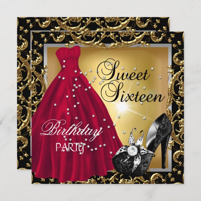 Invitación Dulce Dieciséis Vestido de Oro Rojo de la fiesta d (Anverso / Reverso)