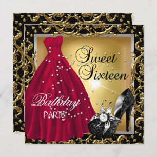 Invitación Dulce Dieciséis Vestido de Oro Rojo de la fiesta d