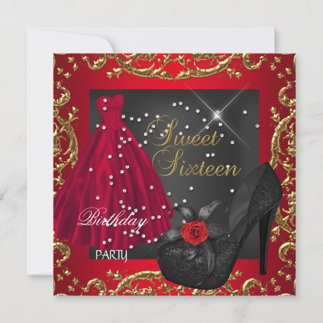 Invitación Dulce Dieciséis Vestido de Oro Rojo de la fiesta d (Anverso)