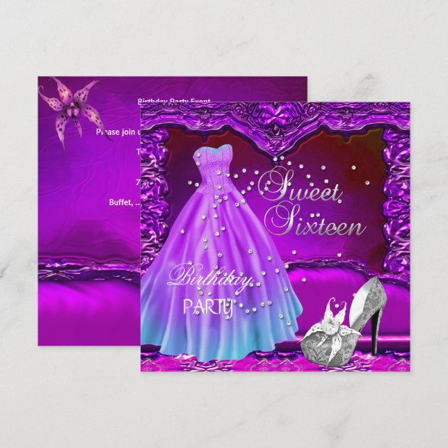 Invitación Dulce Dieciséis vestido morado de fiesta de cumple (Anverso / Reverso)