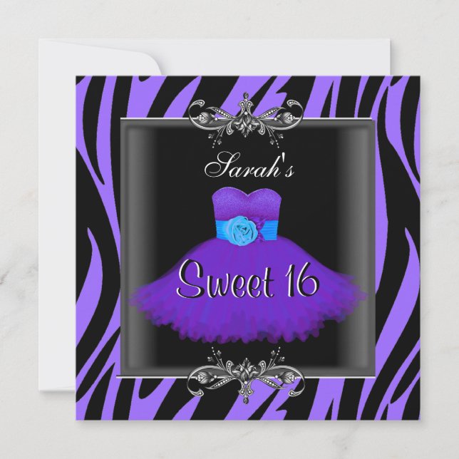 Invitación Dulce Dieciséis Vestido Negro Morado De Cebra De C (Anverso)