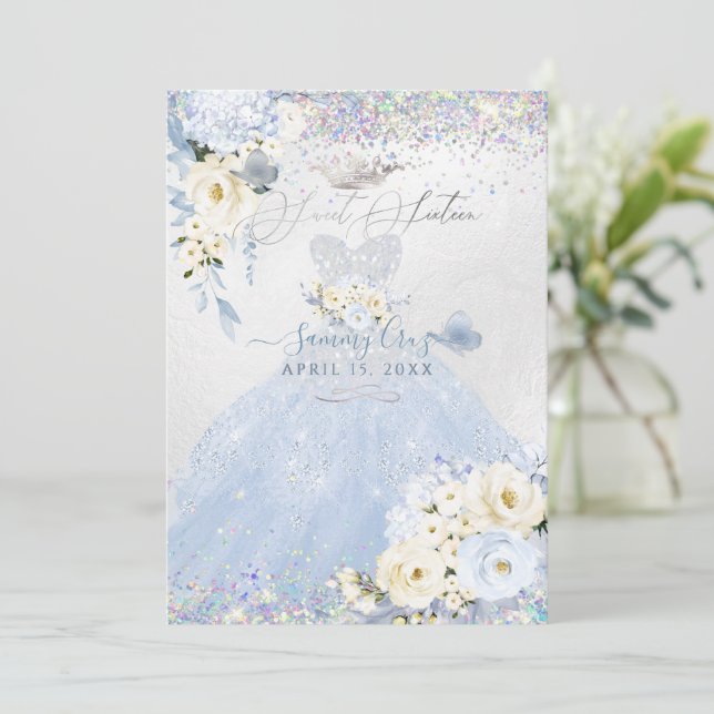 Invitación Dulce Dieciséis Vestidos Holográficos Dusty Blue S (Anverso de pie)