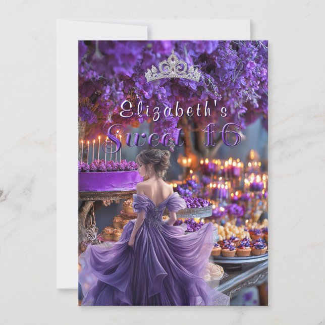 Invitación Dulce Dieciséis Vestidos Púrpura Flor Pastel (Anverso)