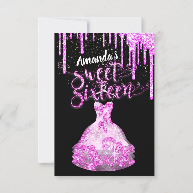Invitación Dulce Dieciséis Vestidos Purpurina Drip Lotes rosa (Reverso)