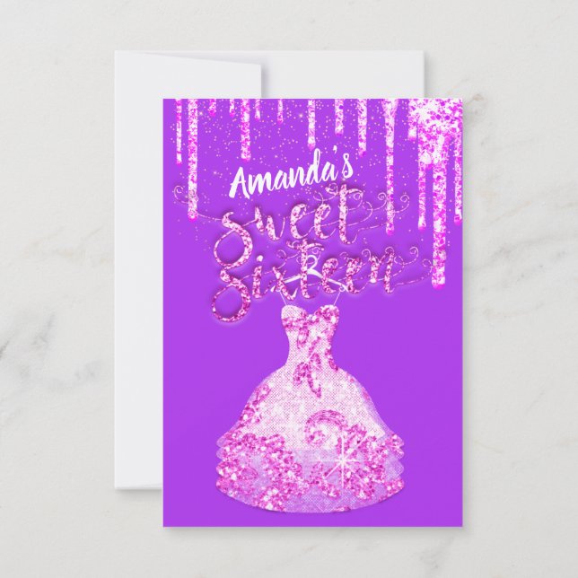 Invitación Dulce Dieciséis Vestidos Purpurina Drip Lotes rosa (Reverso)