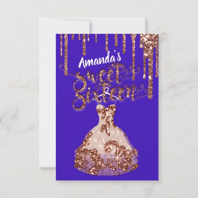 Invitación Dulce Dieciséis Vestidos Rosas Purpurina Drin Azul (Reverso)
