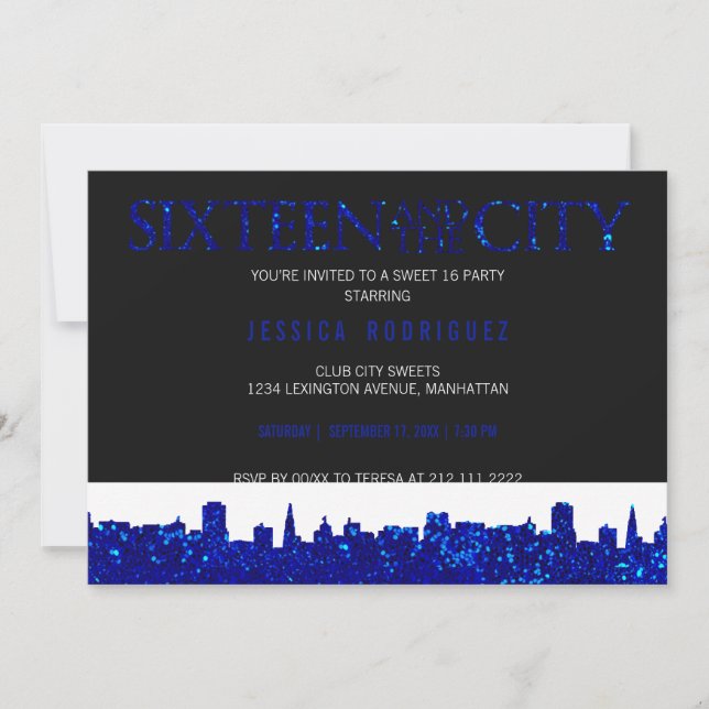 Invitación Dulce dieciséis y el dulce de la ciudad AZUL de 16 (Anverso)