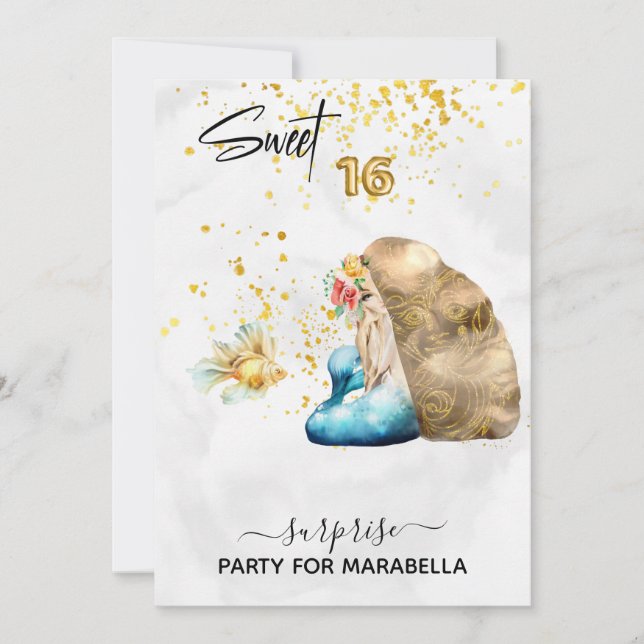 Invitación *~* DULCE DIECISIETE Azul Mermaid Floral 16 cumple (Anverso)