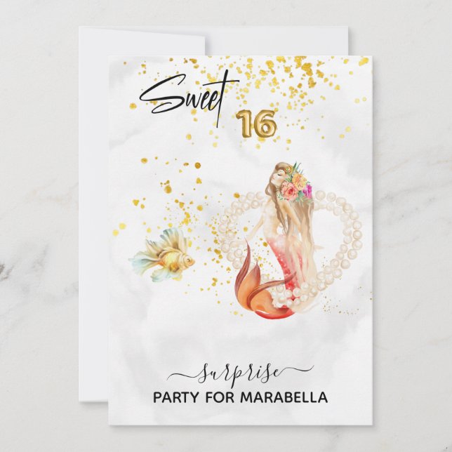 Invitación *~* DULCE DIECISIETE Mermaid Pearl Heart 16 Cumple (Anverso)