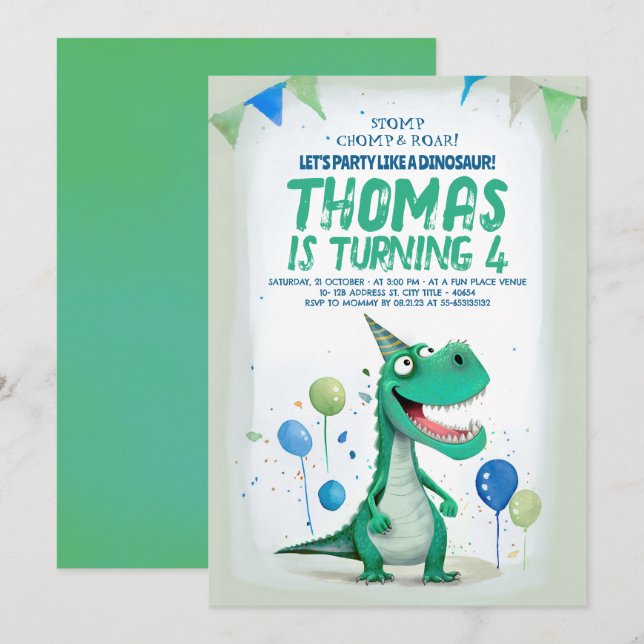 Invitación Dulce Dinosaurio Azul y Verde Cumpleaños (Anverso / Reverso)