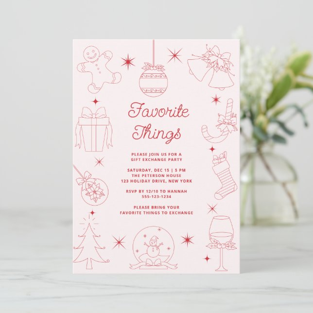 Invitación Dulce divertido rosa dibujado a mano Cosas favorit (Anverso de pie)