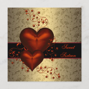 Invitación Dulce dorado clásico de Damask Red Heart