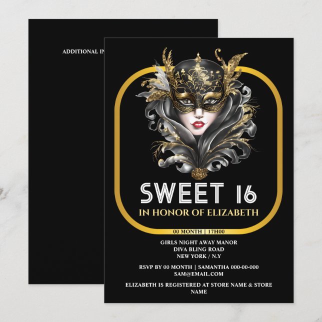 Invitación Dulce dorado negro 16 mascaradas chicas máscara fa (Anverso / Reverso)