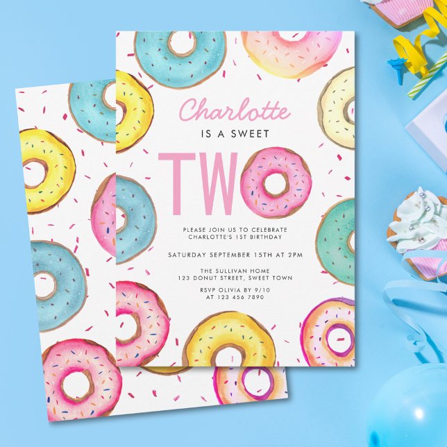 Invitación Dulce dos acuarelas Cute Donuts Segundo Cumpleaños (Subido por el creador)