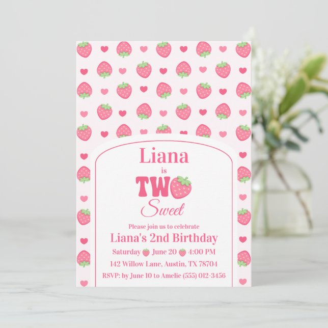 Invitación Dulce Dos Cumpleaños Niña Fresa Rosa 2do Cumpleaño (Anverso de pie)