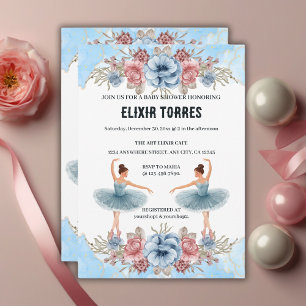 Invitación Dulce Ducha de Bebé Bailarina Floral Acuarela Azul