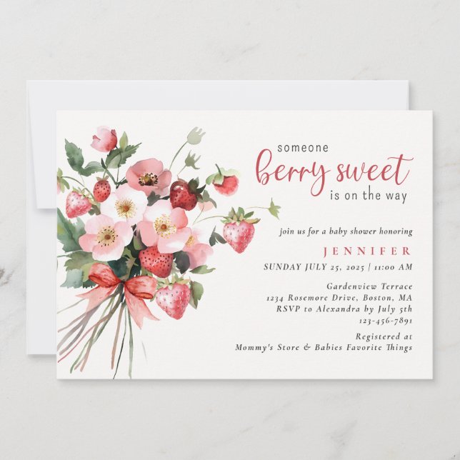 Invitación Dulce ducha de bebé con flores de fresa (Anverso)
