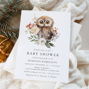 Invitación Dulce Ducha de Bebé de Búho Invernal en Acuarela