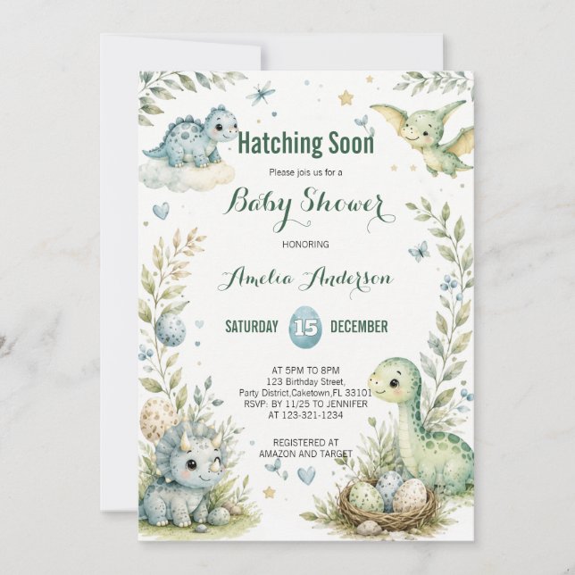 Invitación Dulce ducha de bebé de dinosaurio verde acuarela (Anverso)