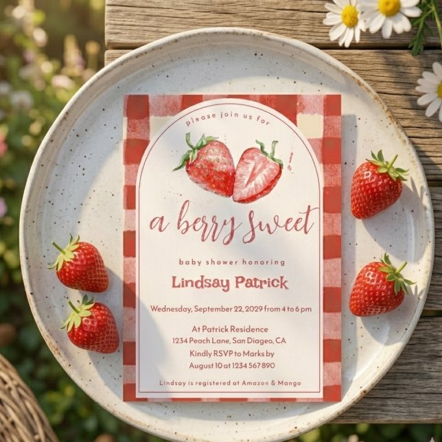 Invitación Dulce ducha de bebé de fresa rosa roja a cuadros (Subido por el creador)