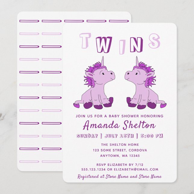 Invitación Dulce Ducha de Bebé de Gemelas Unicornio Rosa (Anverso / Reverso)