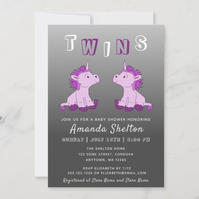 Invitación Dulce Ducha de Bebé de Gemelas Unicornio Rosa (Anverso)