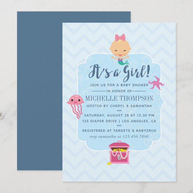 Invitación Dulce ducha de bebé de sirena con Chevron bajo el  (Anverso / Reverso)
