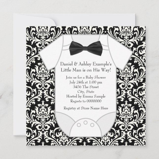 Invitación Dulce ducha de bebé en damasco negro y blanco (Anverso)