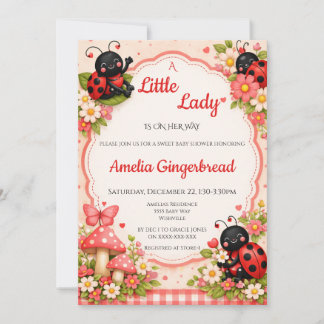 Invitación Dulce Ducha de Bebé Floral con Mariquita en Acuare