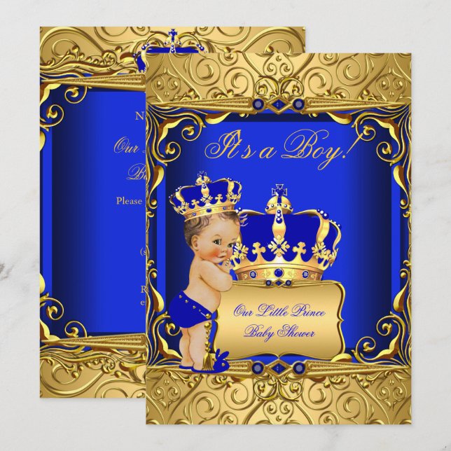 Invitación Dulce ducha de bebé morena niño azul real regia (Anverso / Reverso)