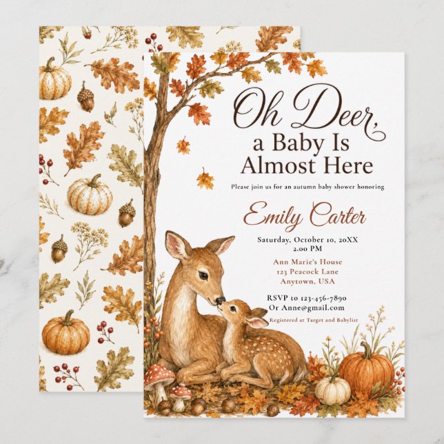 Invitación Dulce Ducha de Bebé Otoño Ciervo (Anverso / Reverso)