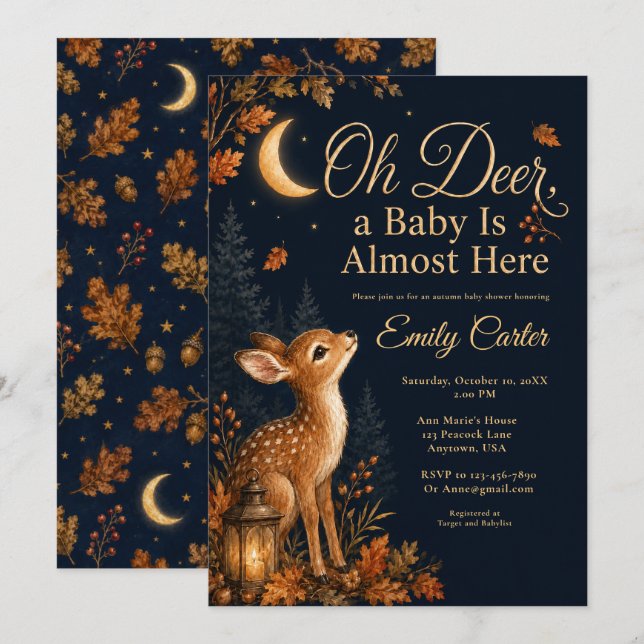Invitación Dulce Ducha de Bebé Otoño Ciervo (Anverso / Reverso)