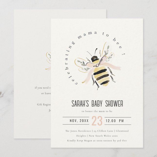 Invitación Dulce Ducha de Bebé Pastel Neutral Mum To Bee (Anverso / Reverso)