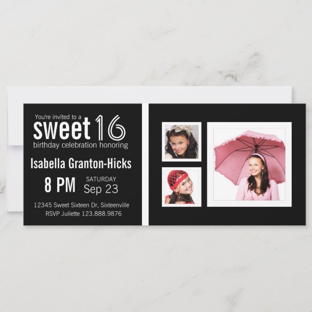 Invitación Dulce dulce 16 cumpleaños con 3 fotos (Anverso)