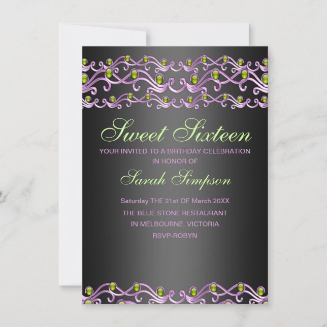 Invitación Dulce dulce de bañador de joyas rosa/verde 16 Invi (Anverso)