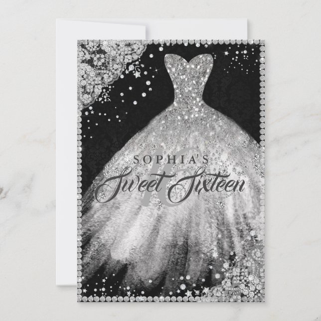 Invitación Dulce dulce de broche de diamante negro plateado (Anverso)