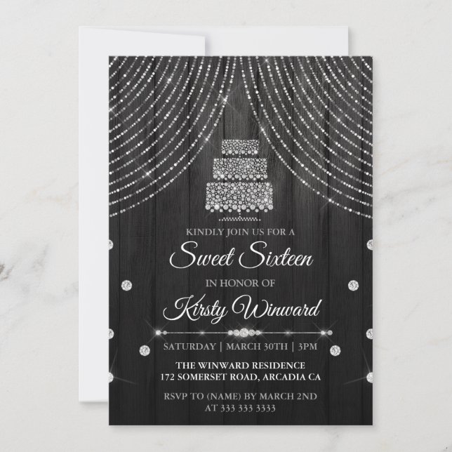 Invitación Dulce dulce de cumpleaños de diamante negro platea (Anverso)