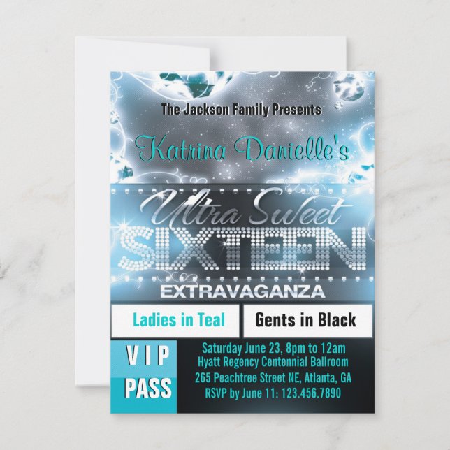 Invitación Dulce dulce de diamante Dieciséis VIP Pass Invitad (Anverso)