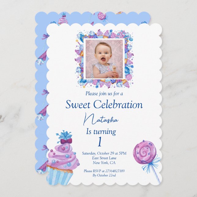 Invitación dulce dulce dulce azul con foto cumpleaños (Anverso / Reverso)
