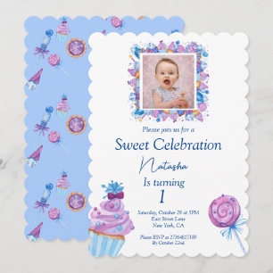 Invitación dulce dulce dulce azul con foto cumpleaños