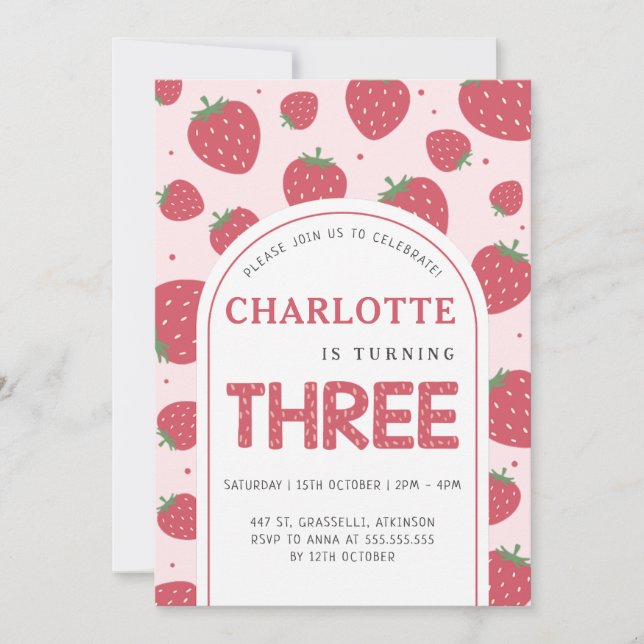 Invitación Dulce dulce fresa 3er cumpleaños Fiesta rosa (Anverso)
