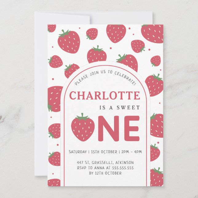 Invitación Dulce dulce fresa primer Fiesta de cumpleaños (Anverso)