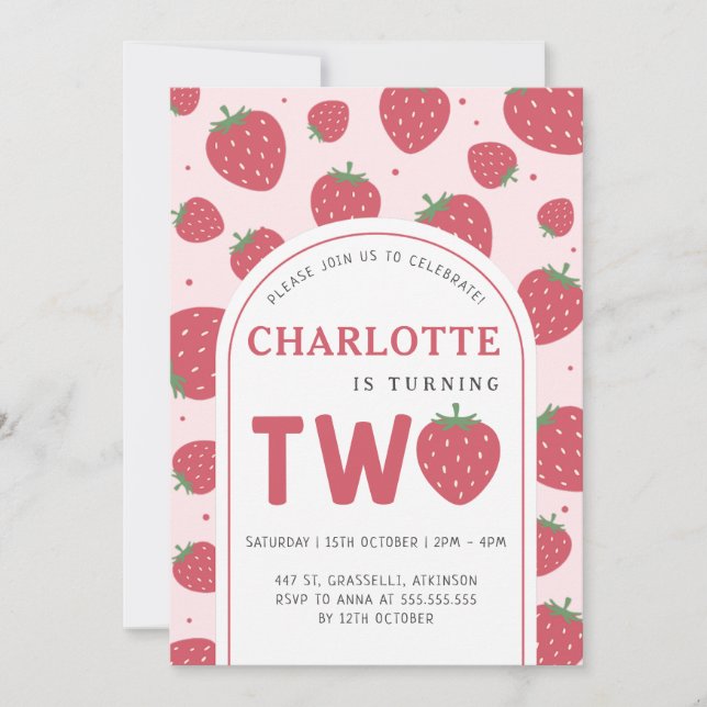Invitación Dulce dulce fresa segundo cumpleaños Fiesta rosa (Anverso)