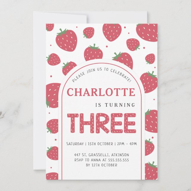 Invitación Dulce dulce fresa tercer Fiesta de cumpleaños (Anverso)