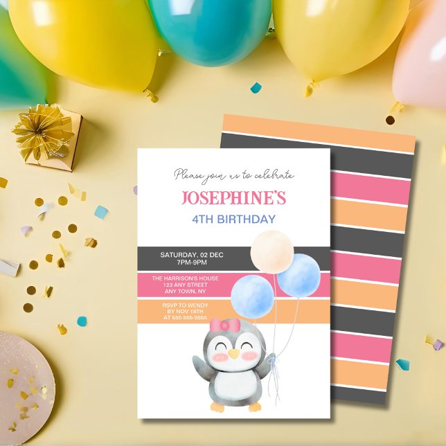 Invitación Dulce dulce pingüino Chica de cumpleaños (Subido por el creador)