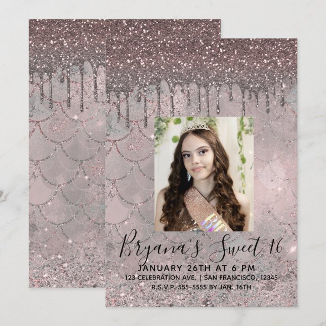 Invitación Dulce dulce Purpurina de oro rosa de Silvery 16 Fo (Anverso / Reverso)