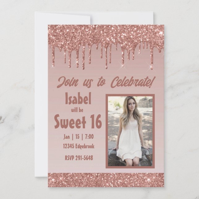 Invitación Dulce dulce Purpurina dorado Rosa 16 fiesta de cum (Anverso)
