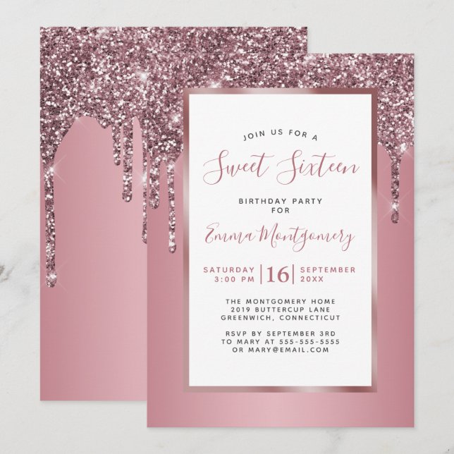 Invitación Dulce dulce Purpurina rosado de oro Rosa 16 Fiesta (Anverso / Reverso)