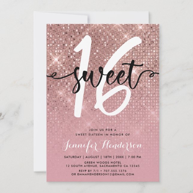 Invitación Dulce dulce Rosa de oro Dieciséis cumpleaños (Anverso)
