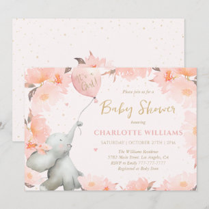 Invitación Dulce Elefante Acuarela Floral Niña Baby Shower